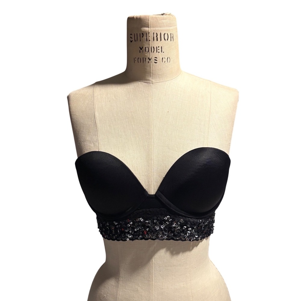 Victoria's Secret PINK Black Strapless Sequin Lace Longline Bra 34B Underwire